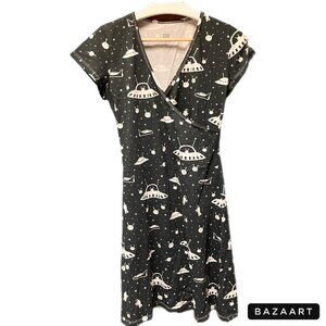 Winter Water Factory organic cotton space aliens crossover front dress, NWOT, S